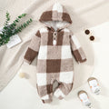 Baby Boys and Girls Plaid Romper Hooded Long Sleeved Plush Jumpsuit Winter Warm Bodysuit Clothes for 3-24 Months Toddler Boy